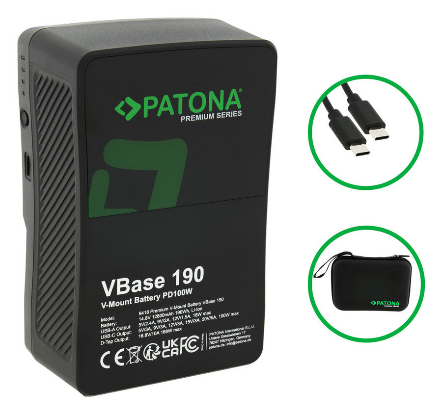 PATONA PREMIUM V-MOUNT BATTERIA VBASE 190WH PD 100W USB-C USB-A D-TAP HARD CASE