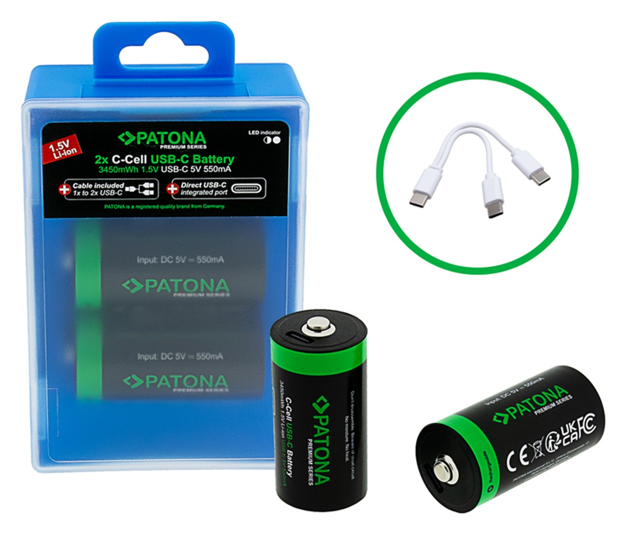 PATONA PREMIUM USB-C 2X LR14 BABY C BATTERIES LITHIUM 3450MWH 1.5V RECHARGEABLE WITH 1 TO 2 USB-C CHARGING CABLE