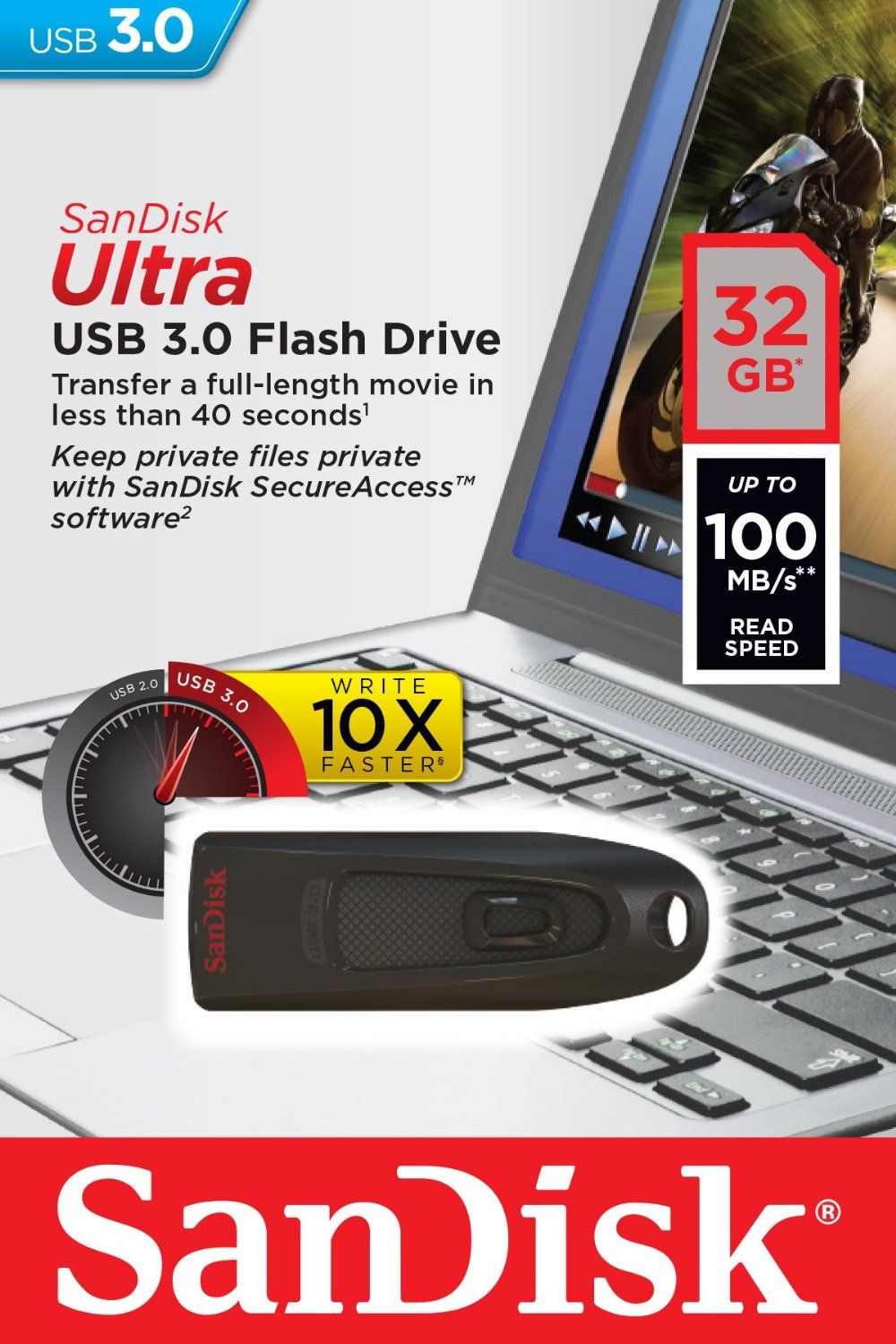 SANDISK PEN DRIVE 32GB USB 3.0 CRUZER ULTRA 100MB/40MB