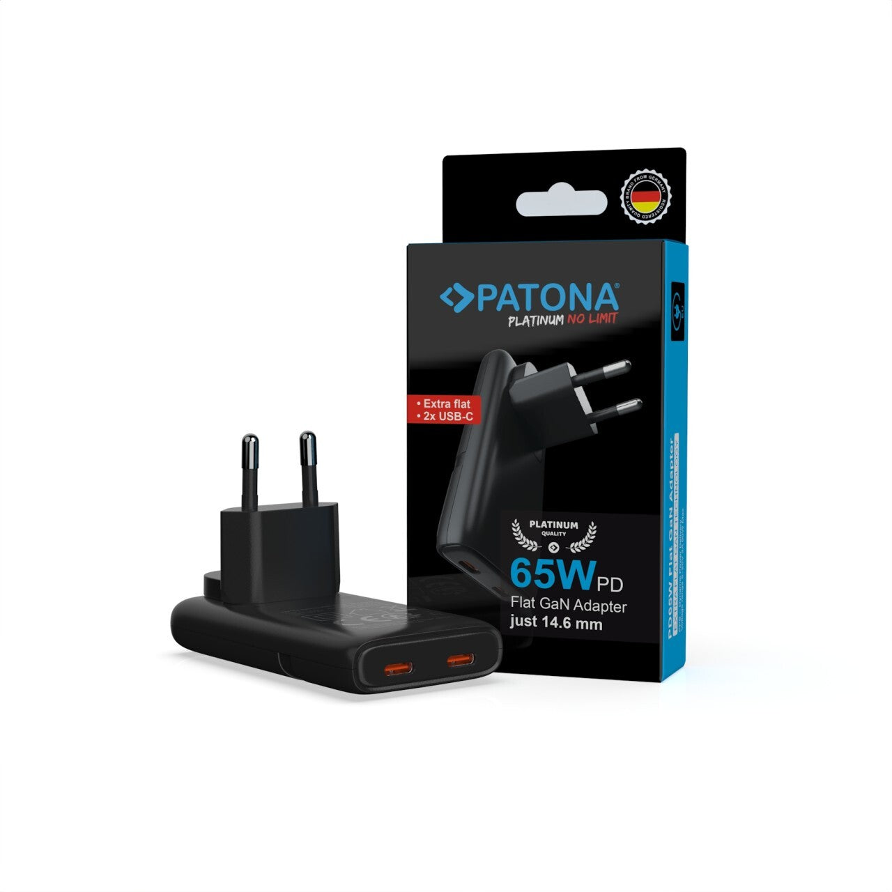 PATONA PLATINUM GAN PD65W FLAT ADAPTER BLACK 2X USB-C PD3.0 QC3.0