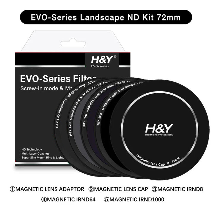 H&Y filtro EVO HD Paesaggio ND - KIT IRND 8/64/1000 alluminio anodizzato 72mm e adattatore magnetico