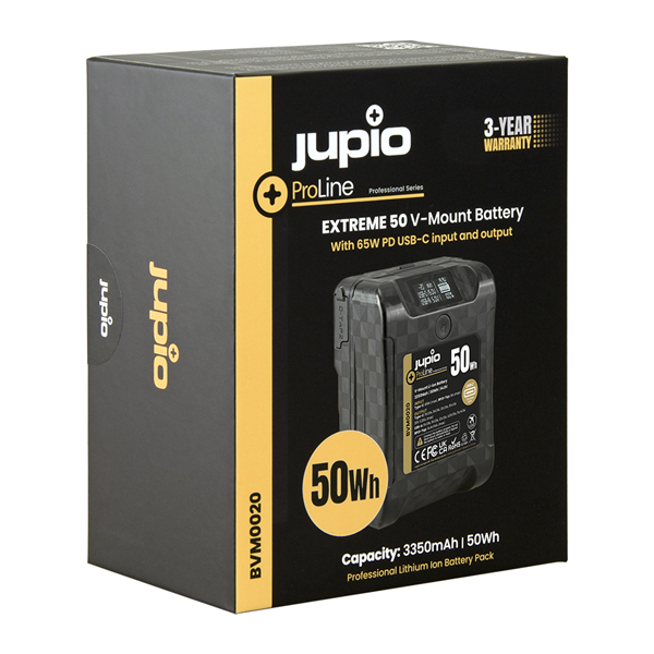 Jupio Batteria ProLine Extreme 50 V-Mount 3350 mAh (50Wh) LCD Display, USB-C PD 65W in/output, D-Tap in/output e USB-A output
