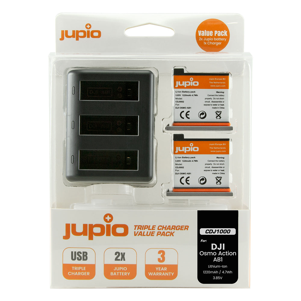 Jupio Value Pack: 2x Batteria DJI Osmo Action AB1 1220mAh + caricatore compatto USB triplo