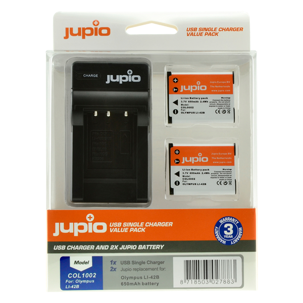 Jupio Value Pack: 2x Batteria Li-40B/Li-42B/NP45/D-Li63/EN-EL10 + USB caricatore singolo