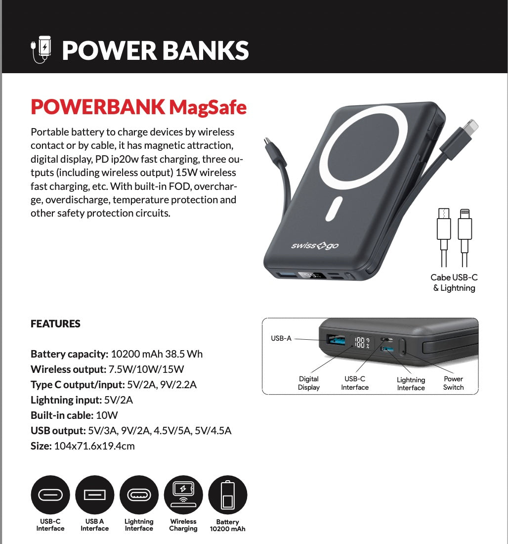 SWISS+GO  POWER BANK MAGSAFE 10200MAH FAST CHARGE USB-C WIRELESS LIGTNING