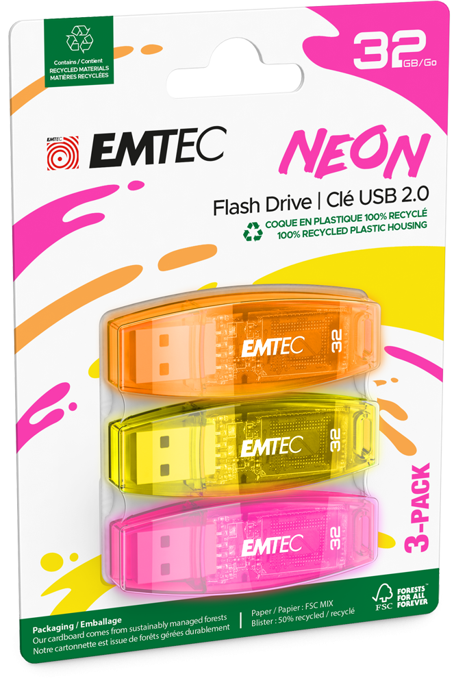 EMTEC USB2.0 PEN DRIVE 32GB C410 NEON MULTIPACK 3PZ