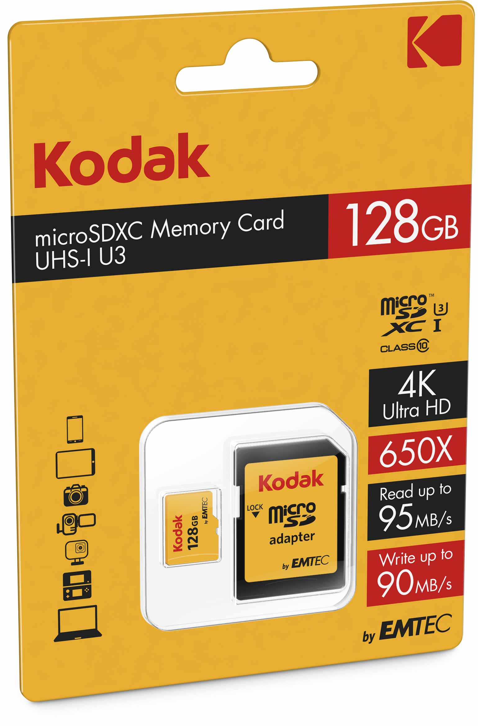 KODAK MICRO SDXC 128GB 100MB/100MB CL.10 U3 V30  4K CON ADATTATORE