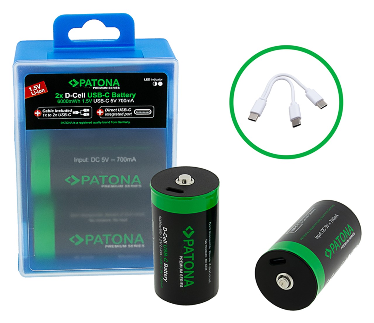 PATONA PREMIUM USB-C 2X LR20 MONO D BATTERIES LITHIUM 6000MWH 1.5V RECHARGEABLE WITH 1 TO 2 USB-C CHARGING CABLE