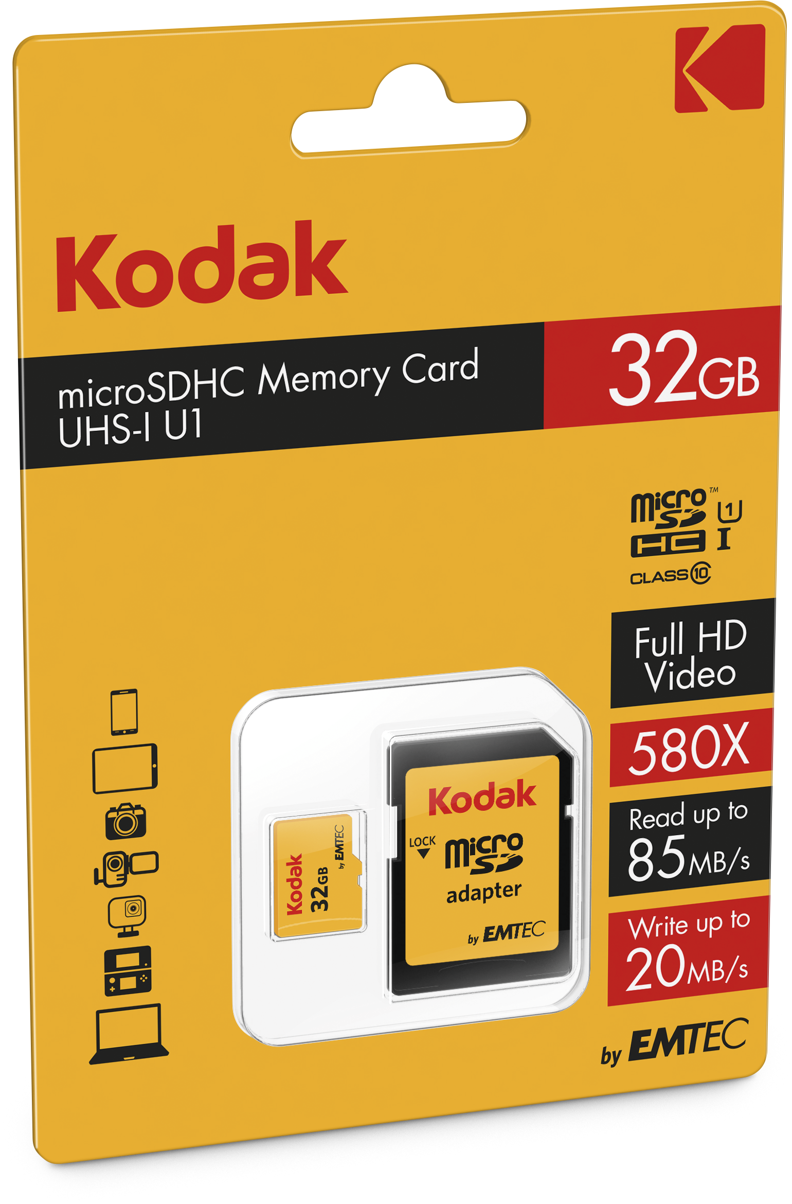 32GB MicroSDHC 85/MBs Classe 10 U1 580X con adattatore