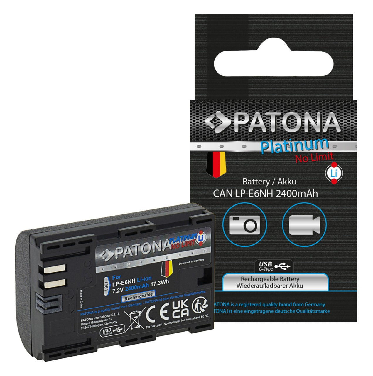 PATONA PLATINUM BATTERY WITH USB-C INPUT FOR CANON EOS R5 EOS R6 LP-E6NH